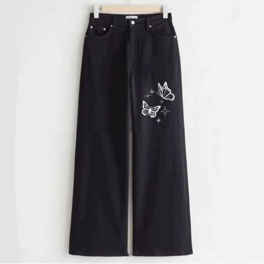 Black two butterfly wide leg jeans