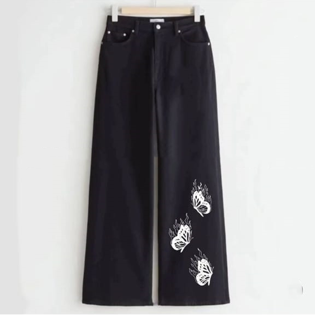 Black three fire butterfly wide leg jeans