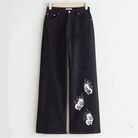Black three fire butterfly wide leg jeans