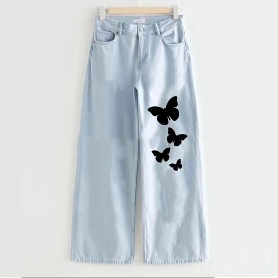 Ice blue four butterfly wide leg jeans