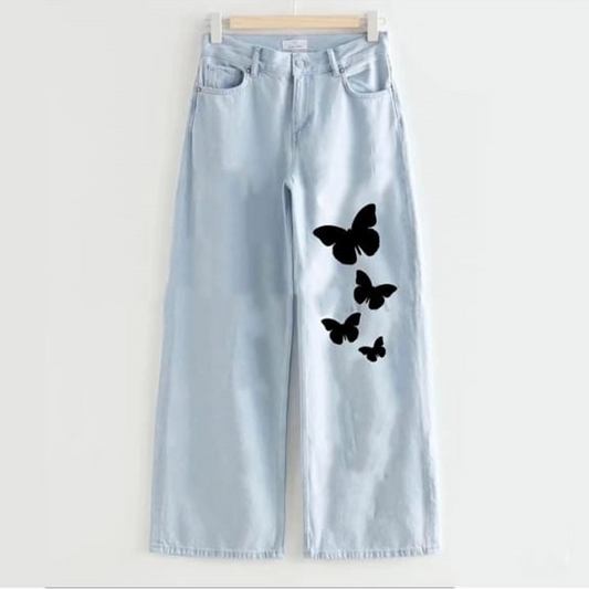 Ice blue four butterfly wide leg jeans