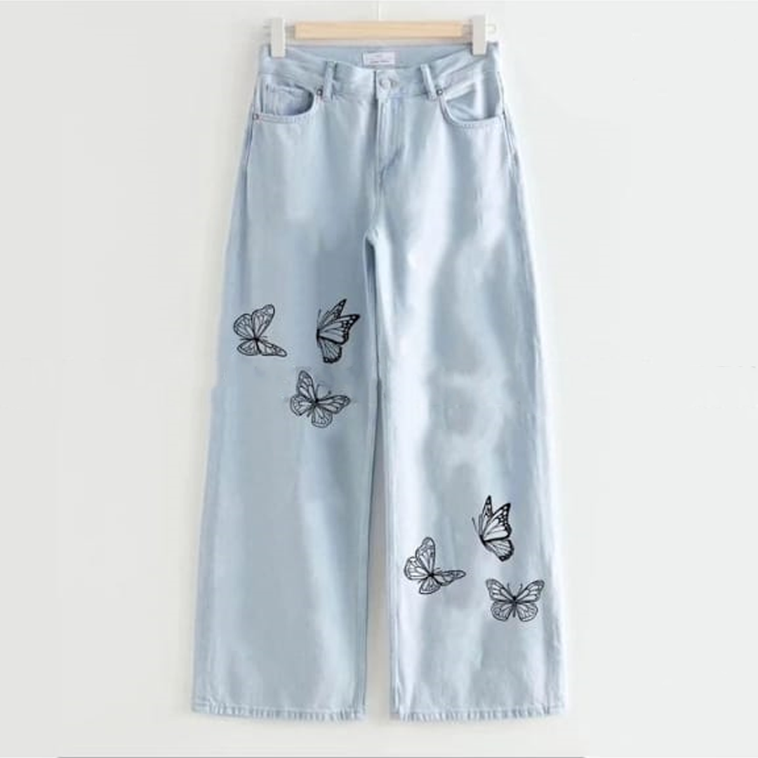 Ice blue two butterfly bunch wide leg jeans
