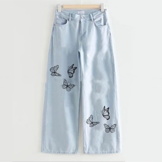 Ice blue two butterfly bunch wide leg jeans