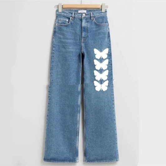Blue four butterfly wide leg jeans