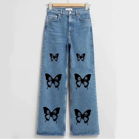 Blue butterfly wide leg jeans