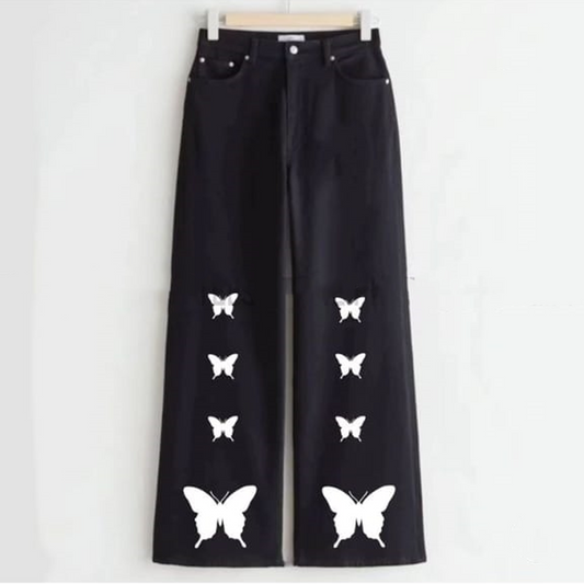 Black butterflies wide leg jeans