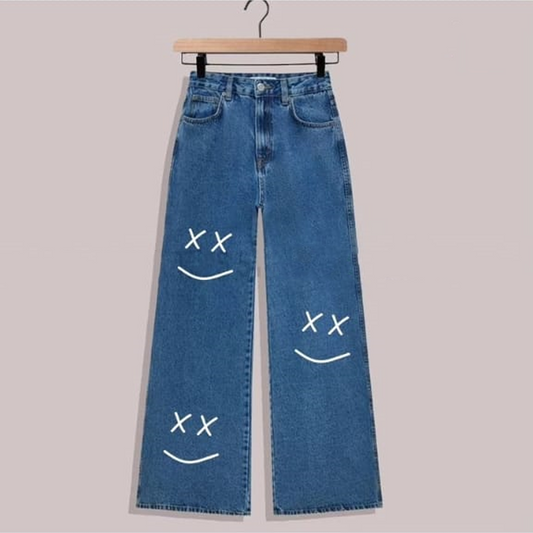 Blue smile face wide leg jeans
