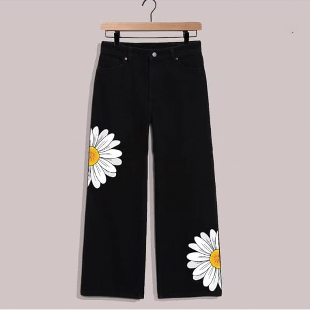 Black daisy wide leg jeans