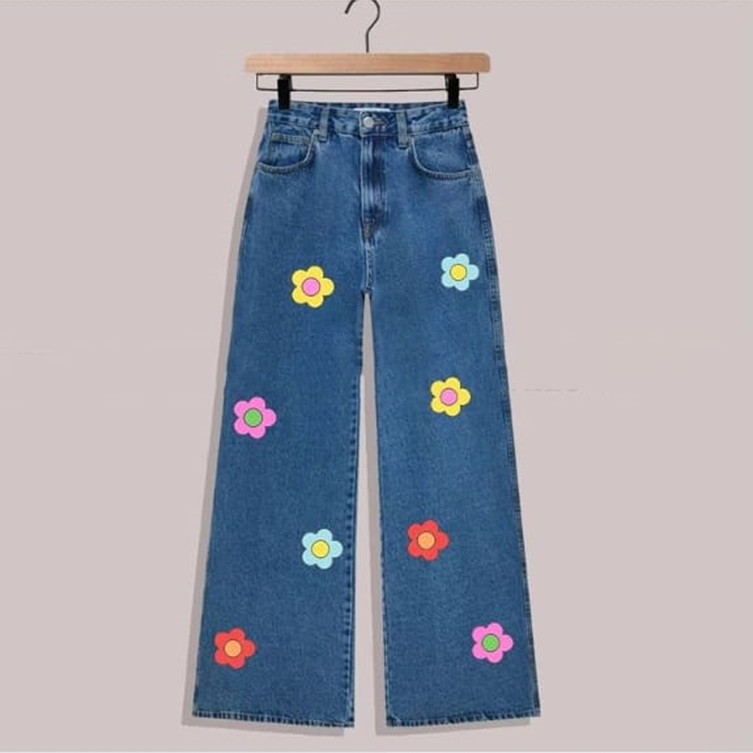 Blue colourful flower wide leg jeans