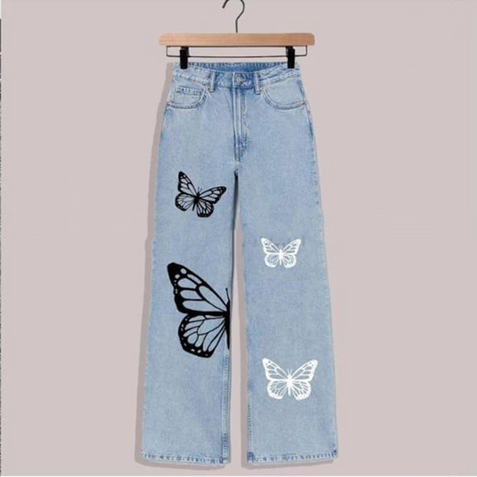Ice blue black and white butterflies wide leg jeans