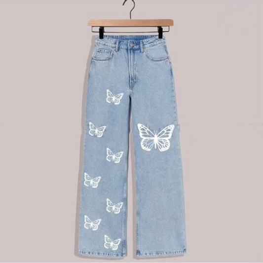 Ice blue butterflies wide leg jeans
