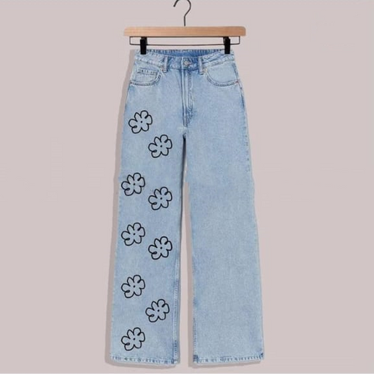 Ice blue flowers wide leg jeans