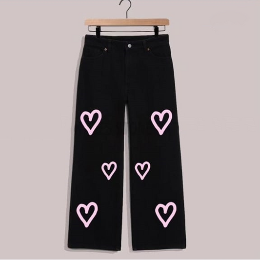 Black pink hearts wide leg jeans