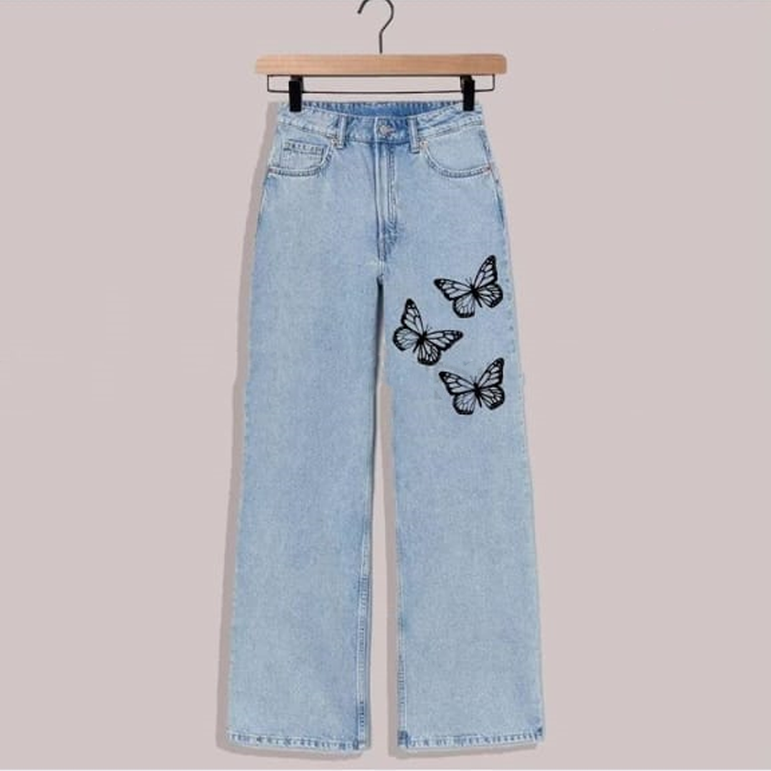 Ice blue black butterflies wide leg jeans
