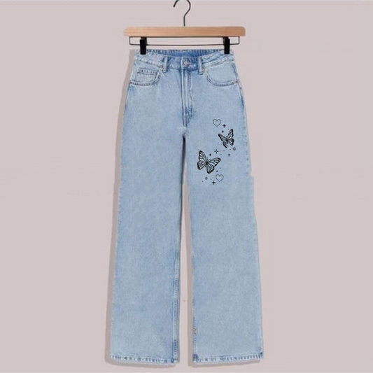 Ice blue two butterflies wide leg jeans