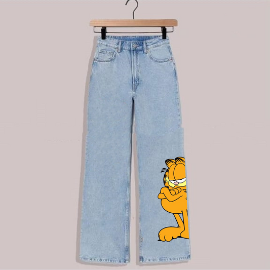 Ice blue cartoon cat wide leg jeans