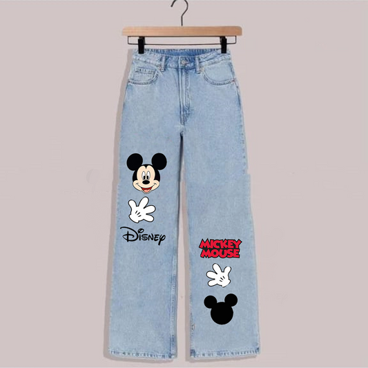 Ice blue mickey mouse wide leg jeans