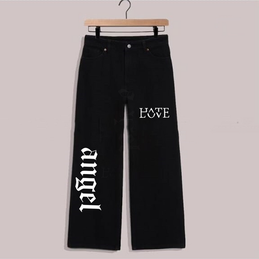 Black love hate angle wide leg jeans